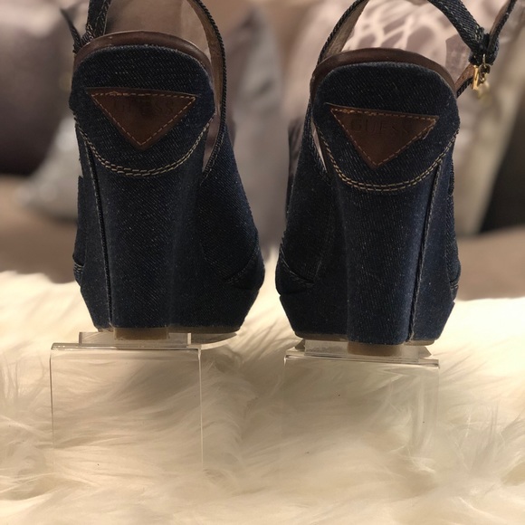 GUESS Tilden Denim Peep Toe Wedges - Picture 3 of 5
